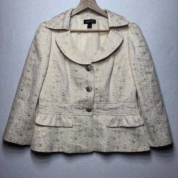 John Meyer Collection Metallic Jacquard Peplum Blazer Jacket Size 12 Ivory Gold - Picture 1 of 11